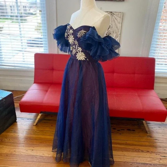 Vintage Navy Purple Organza Prom Gown Embroidered Ruffle Off Shoulder Dress Sz S - Picture 6 of 8